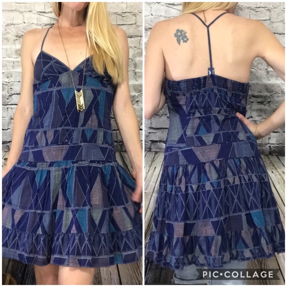 Free People Navy Blue Patterned Spaghetti Strap Dress